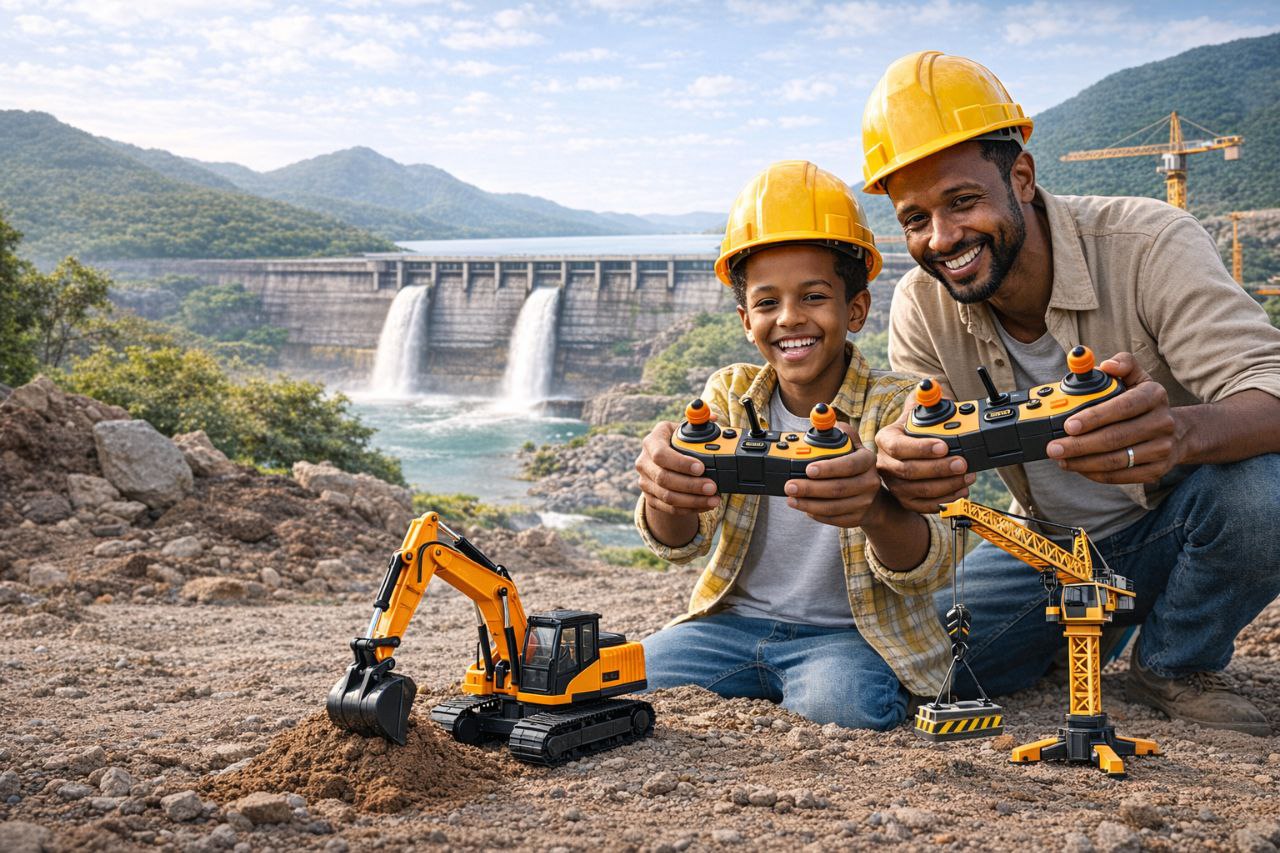 Family building together with construction toys